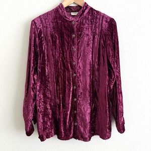 Crushed Burgundy Velvet Long Sleeve Button Up Womens Medium Romantic Whimsigoth